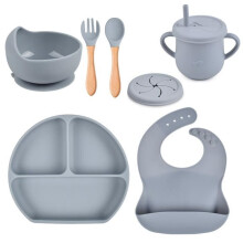 Assiette à ventouse pour bébé - Ensemble repas en silicone - Vaisselle et bavoir réglables - Sans BPA - Blanc