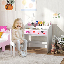 AIYAPLAY Children Study Table and Chair w/ Storage, Pull-Out Drawer, Pink