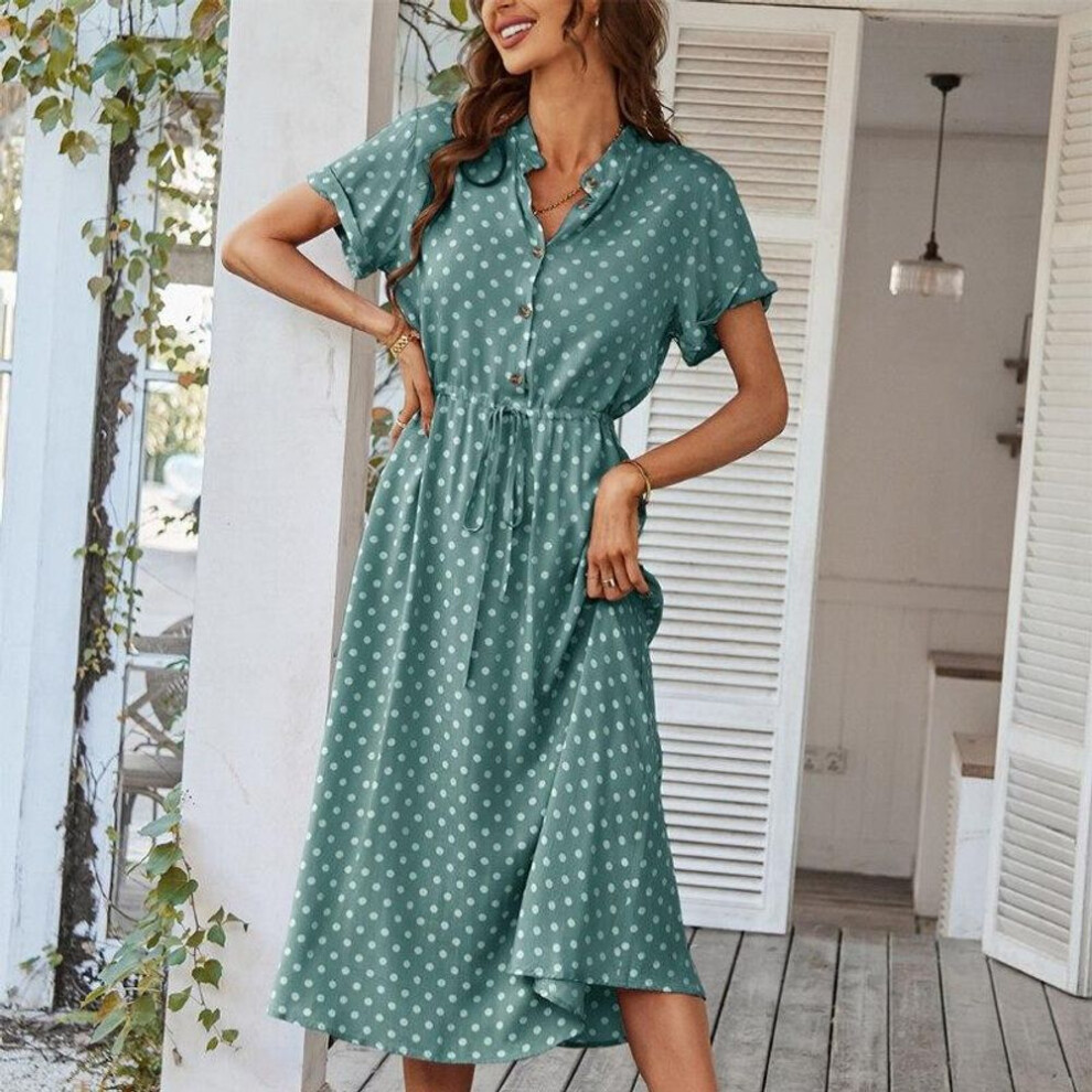 (orion, L) Fashion Summer Short Sleeve Elegant Party Dresses For Women 2023 Ladies Lapel Button Wave Dot Print Lace Up Long Dress 28000