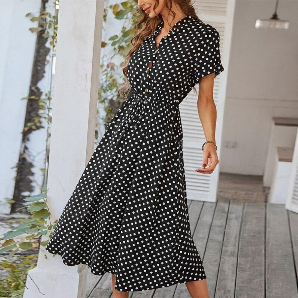 (black, L) Fashion Summer Short Sleeve Elegant Party Dresses For Women 2023 Ladies Lapel Button Wave Dot Print Lace Up Long Dress 28000
