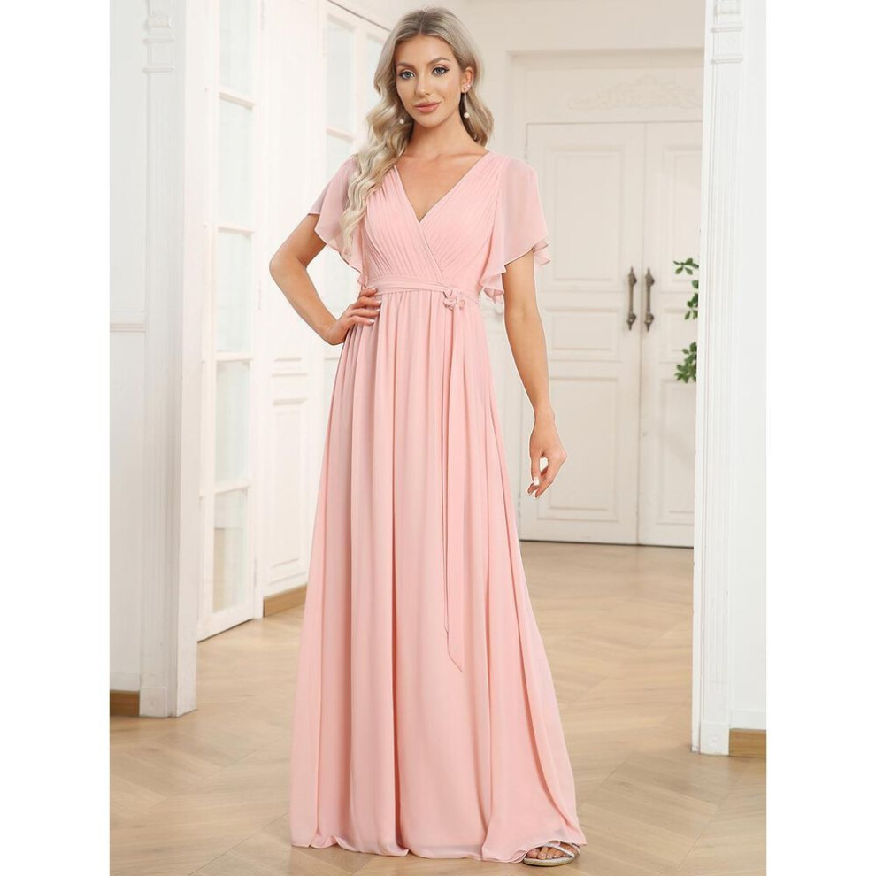 (pink, S) Ever-pretty Women's Maxi V-neck Ruched Bust Chiffon Formal Evening Dress With Ruffle Sleeves