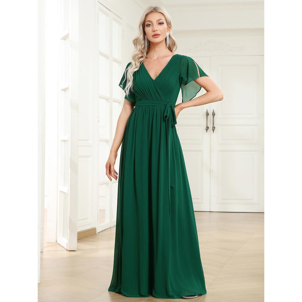(dark green, 3XL) Ever-pretty Women's Maxi V-neck Ruched Bust Chiffon Formal Evening Dress With Ruffle Sleeves