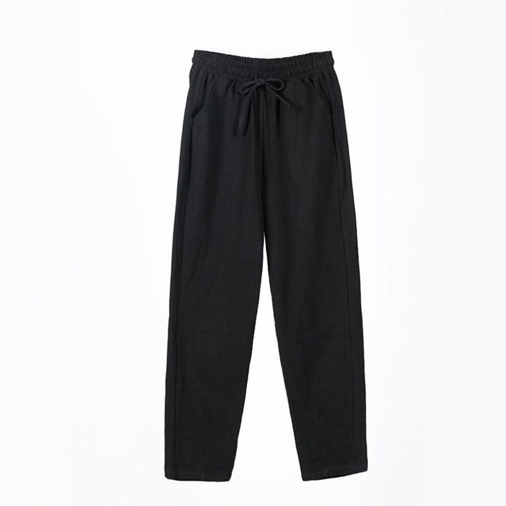(black, XL) Women Solid Color Elastic Waist Ankle Length Pants Spring Summer Pure Cotton Pocket Ladies Trousers