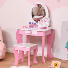 HOMCOM Girls Dressing Table with Mirror & Stool - Pink Unicorn Design, Safe MDF, Ages 3-6, 350-089