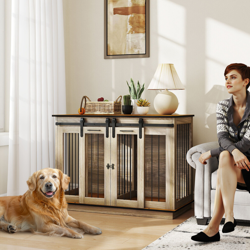 PawHut Dog Crate for Large Dogs, Double Dog Cage for Small Dogs, Oak Tone