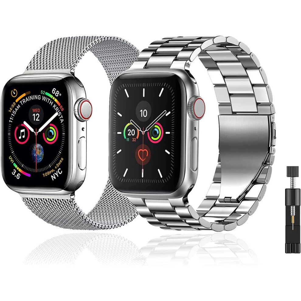(42mm(Series 3/2/1)/44mm/45mm/49mm/46mm, Silver) 2 Pack Metal Strap Compatible with Apple Watch Strap 42/44/45/46/49mm, Wristband Compatible with iWat-image-OPC-PHT7CKM-NEW