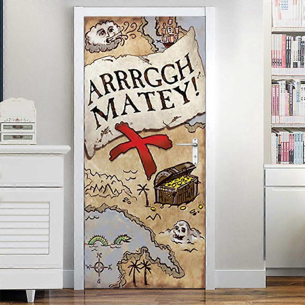 (As show, One size) Halloween 3D interesting treasure Door Stickers, 30 x 79 Inches treasure map Lifelike Door Wallpaper Sticker for Halloween Decorat