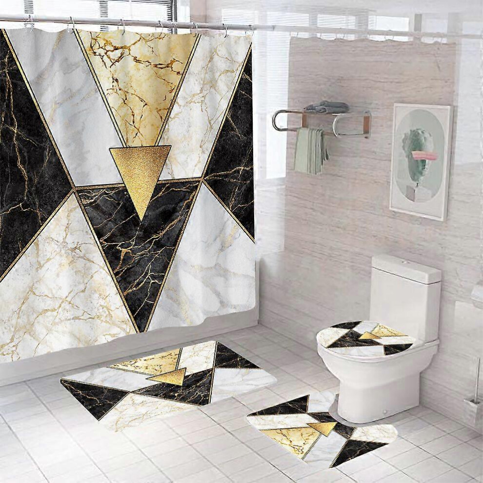 (As show, One size) Shower Curtains with Bath Rugs Non-Slip Soft Toilet Lid Cover for Bathroom Four-Piece, Waterproof Home Tub Curtains Sets, Luxurious geometric pattern