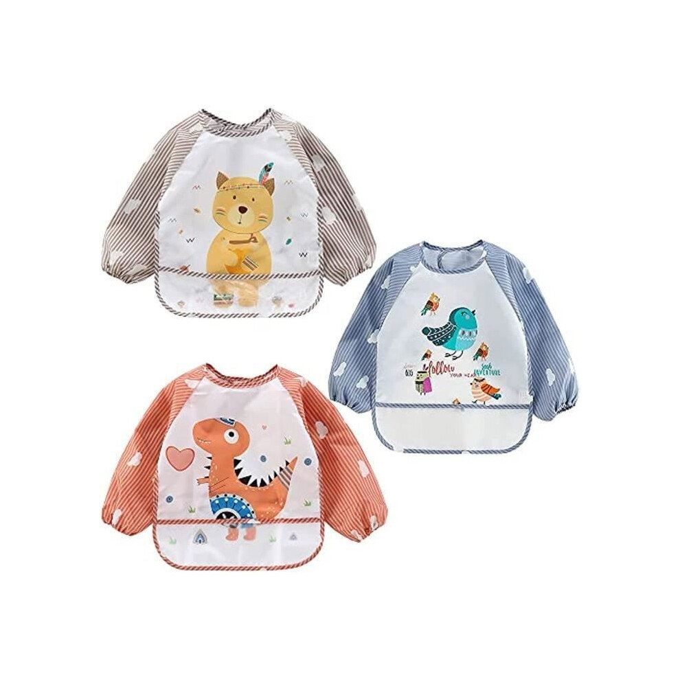 Lot de 3 bavoirs à manches longues pour bébé, tablier imperméable pour enfant, orange, gris, marron