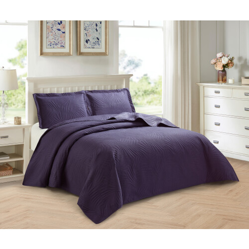 (Aubergine, Double) 3 Piece Emboss Bedspread Quilted Bedding Set Throw 2
