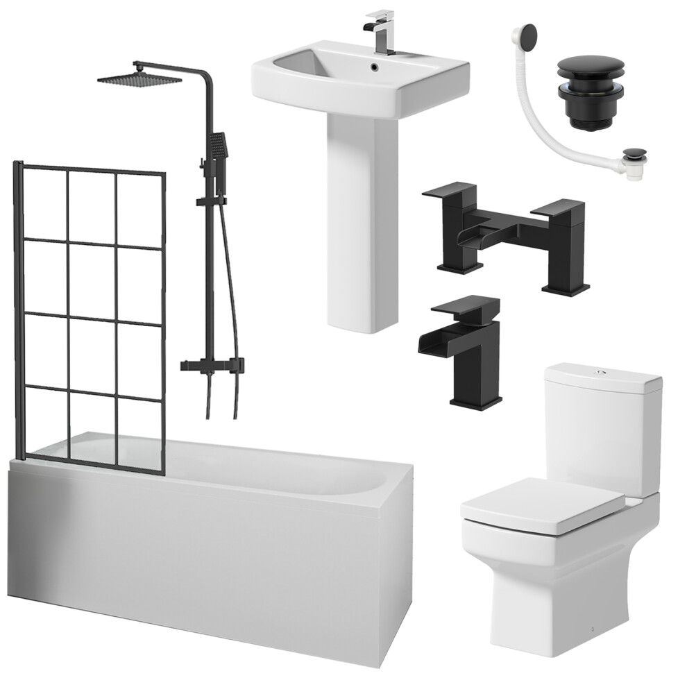 Complete Bathroom Suite Black Bath Shower Screen Basin Toilet Taps Waste 1700mm
