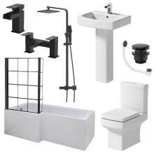 Complete Bathroom Suite Black 1700mm L Shape LH Bath Screen Basin WC Shower Taps