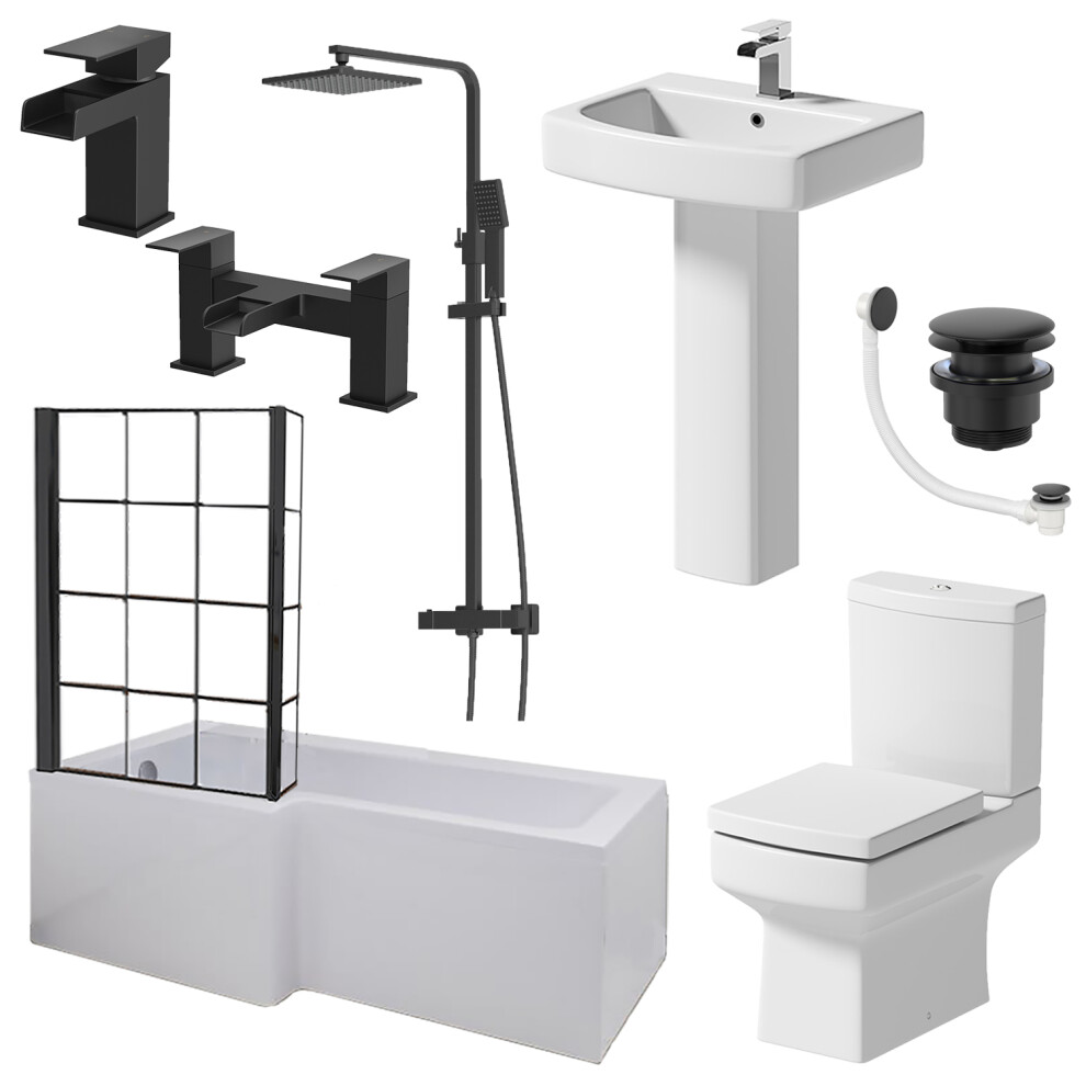 Complete Bathroom Suite Black 1700Mm L Shape Lh Bath Screen Basin Wc Shower Taps 5056467282515