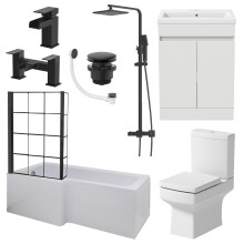 Complete Bathroom Suite Black 1700 L Shape LH Bath Screen Vanity WC Shower Taps