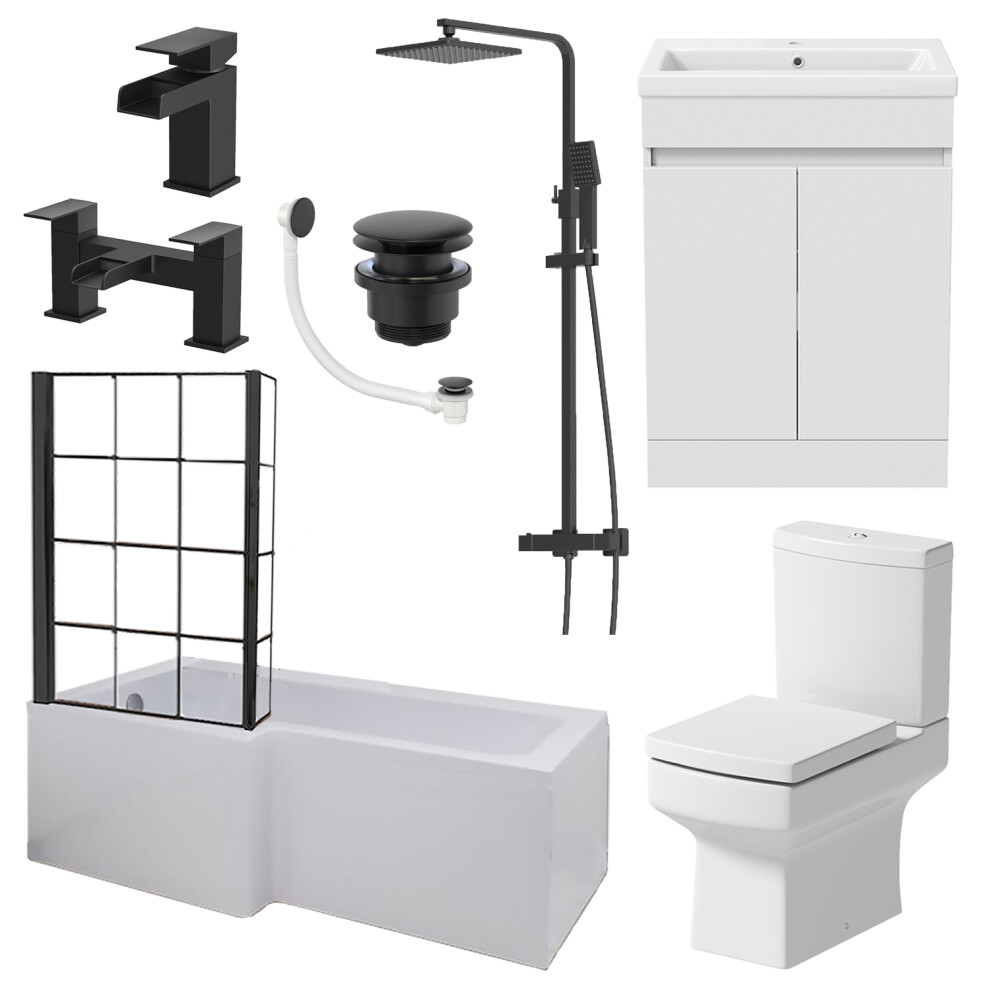 Complete Bathroom Suite Black 1700 L Shape Lh Bath Screen Vanity Wc Shower Taps 5056467282492