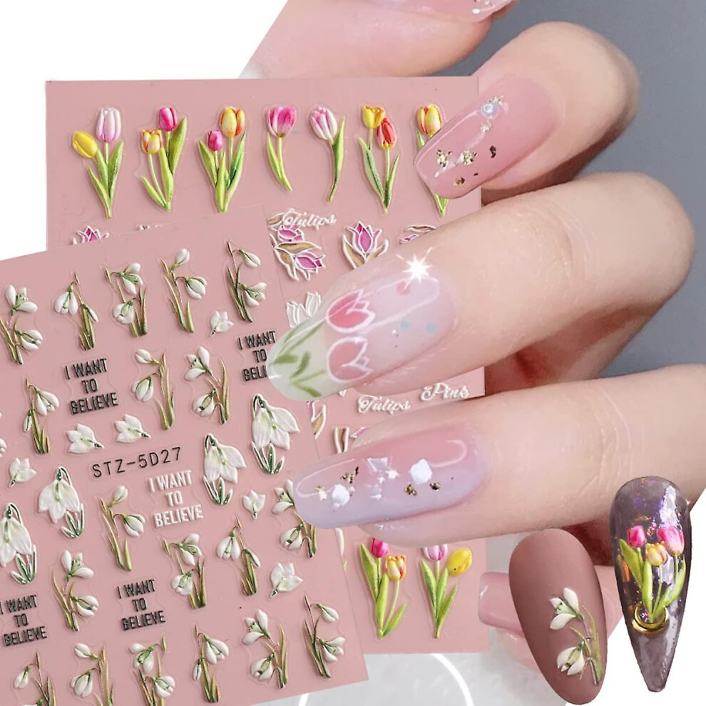 Kikidex White (As Show, One Size) Flower Nail Art Stickers Decals 5D Stereoscopic Embossed Flowers Nail Stickers Spring Self-Adhesive Nail Art Supplies Floral