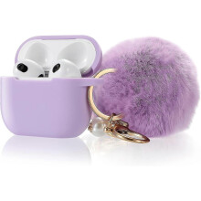 (As show, One size) Protective Case Cover for Airpods 3 Charging Case, Soft Silicone Case Compatible with Air Pods 3rd Generation 2021 with Cute Ball Fluffy Pom Pom Keych
