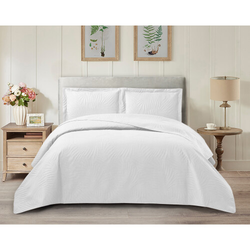 (White, Super King) 3 Piece Emboss Bedspread Quilted Bedding Set Throw