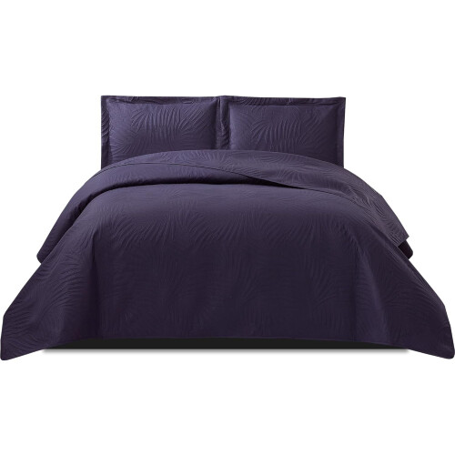 (Aubergine, King) 3 Piece Emboss Bedspread Quilted Bedding Set Throw 2