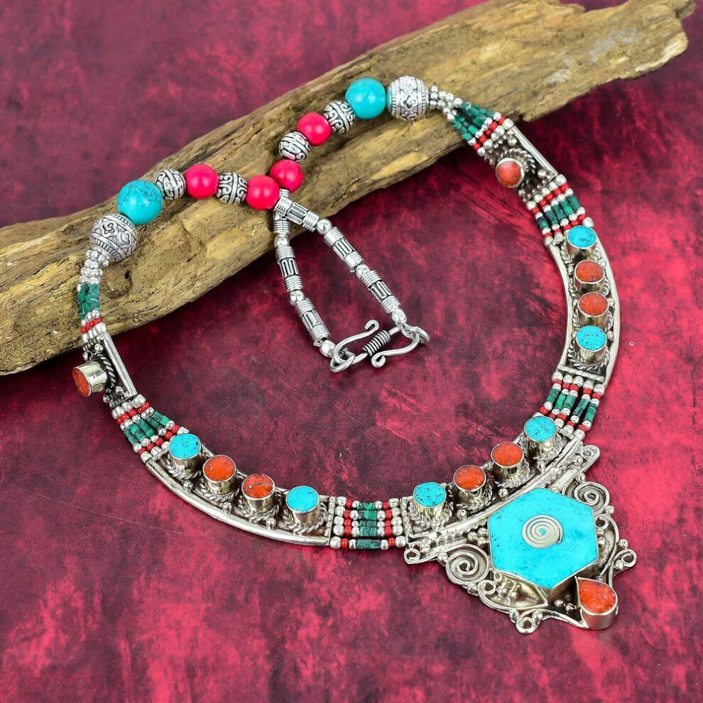 Turquoise, Coral Gemstone 925 Sterling Silver, Necklace Bohemian Antique Necklace, Handmade Jewelry Nepali Necklace Gift For Wife