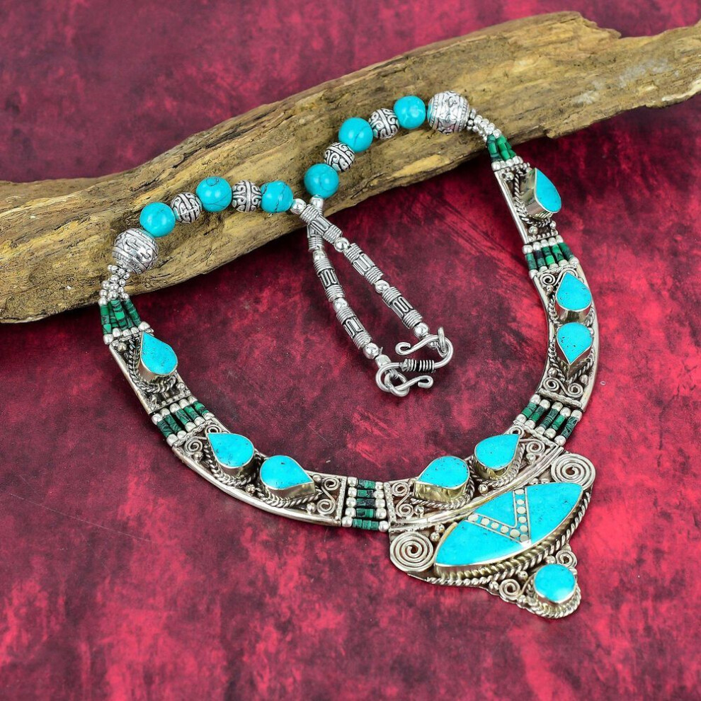 Sleeping Turquoise Gemstone 925 Sterling Silver Necklace, Silver Jewelry Bohemian Antique Necklace, Handmade Jewelry Nepali Necklace Gift For Wife
