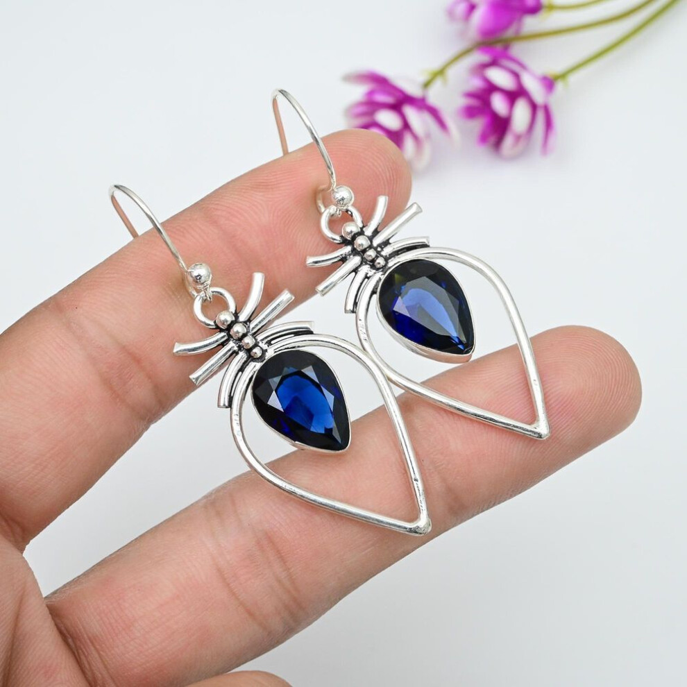 Blue Sapphire Earrings, Handmade Gemstone Earrings, 925 Solid Sterling Silver Earrings Antique Jewelry, For Engagement Gift