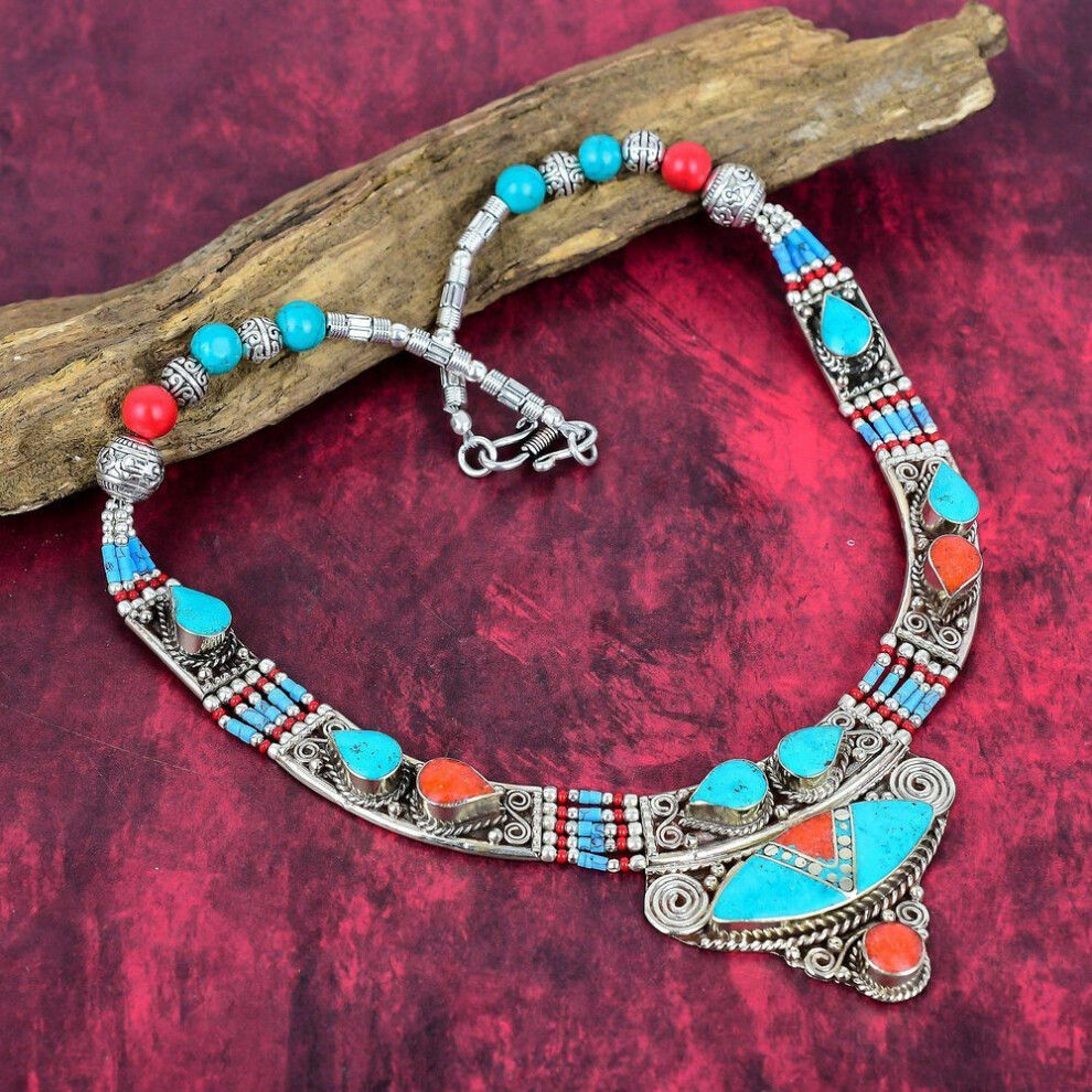 Turquoise, Coral Gemstone Jewelry, Beautiful Handmade Silver Jewelry, 925 Sterling Silver Necklace, Antique Nepali Necklace Gift For Best Friend