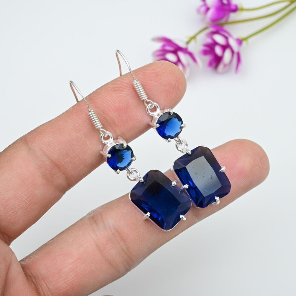 Blue Sapphire Earrings, Handmade Gemstone Earrings, 925 Solid Sterling Silver Earrings Antique Jewelry, For Engagement Gift