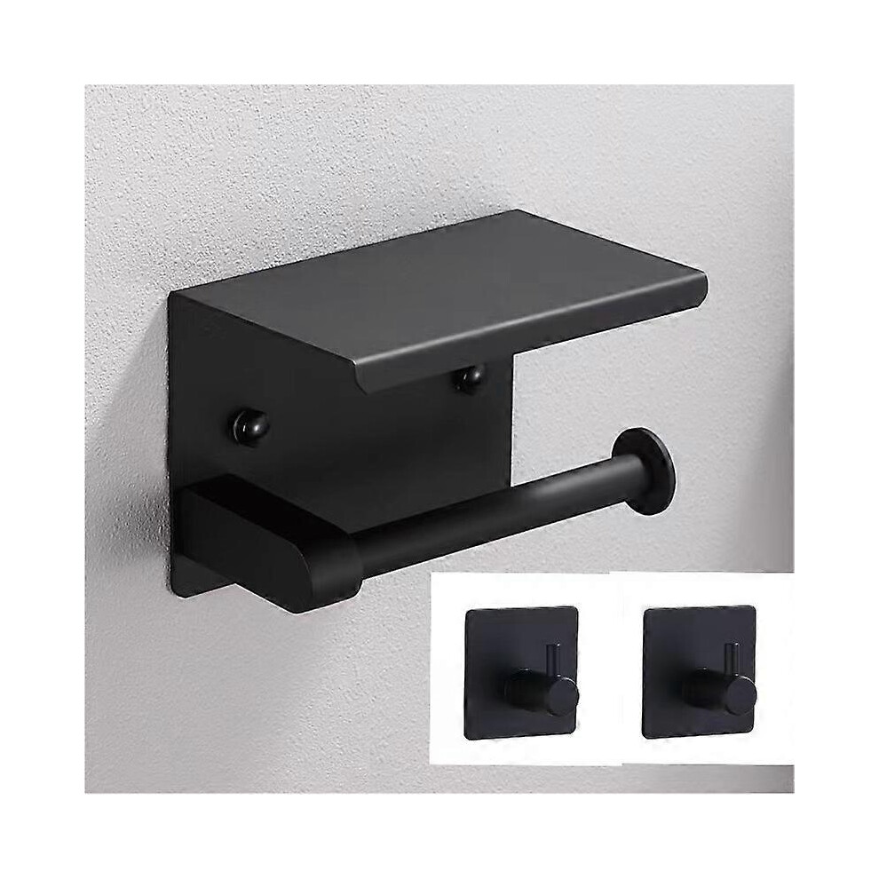 (As show, One size) Toilet Paper Holder with Phone Shelf +2 Towel Robe Hooks, Stainless Steel Wall Mounted Toilet Paper Roll Holder(Black), Double-Sid-image-OPC-PHT8FRG-NEW