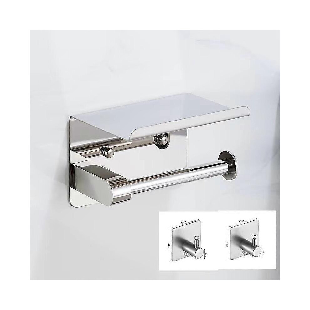 (As Show, One Size) Toilet Paper Holder With Phone Shelf + 2 Towel Robe Hooks, Stainless Steel Wall Mounted Toilet Paper Roll Holder(Silver), Double-S Silver