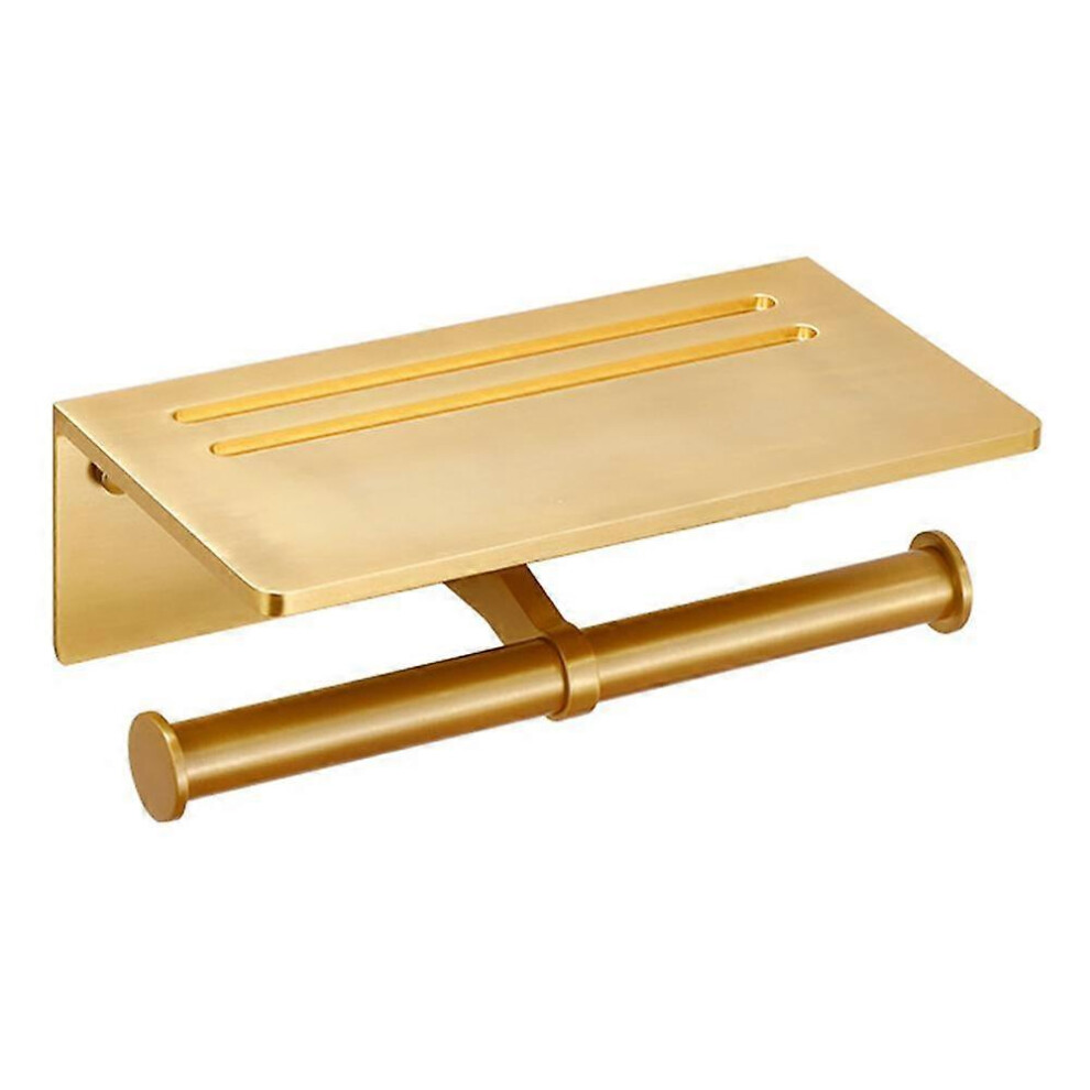 (As show, One size) Toilet Paper Holder, Aluminium Rust Proof Double Roll Toilet Tissue Holder with Mobile Phone Shelf for Bathroom(Gold), 3M Self Adhesive No Drilling or