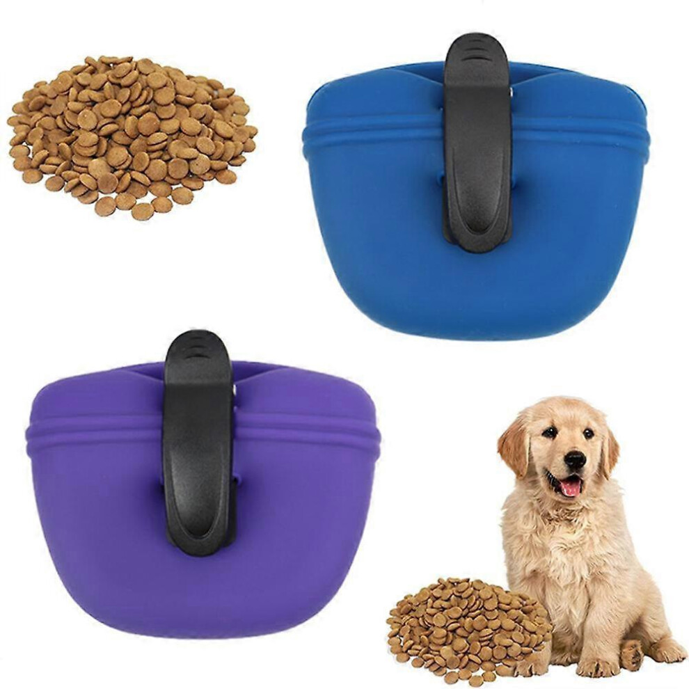 (As Show, One Size) 2Pcs Silicone Dog Treat Pouch-Small Training Bag-Portable Dog Treat Bag For Leash With Magnetic Closure And Waist Clip(Bag Only, B Blue/Purple