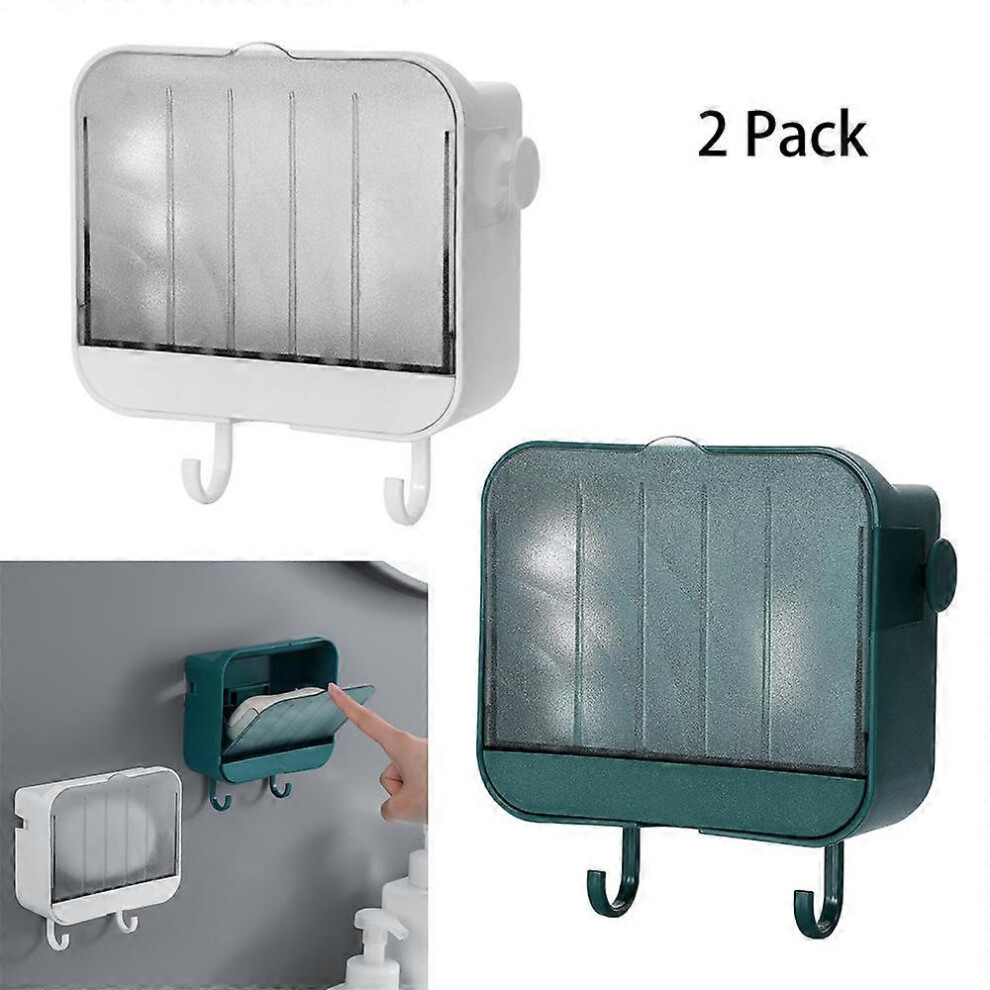 (As show, One size) 2PCS Soap Dish, Each Soap Holder with 2 Hook and Drain Tray(White, Green), Wall Mounted Layers Soap Dish No Drilling, Strong Soap-image-OPC-PHT8JD8-NEW