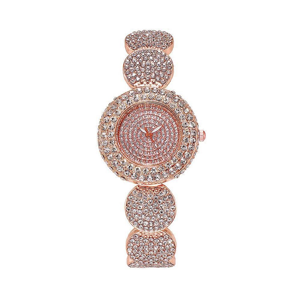 (As show, One size) Ladies Elegant Crystal Set Gypsophila Quartz Watch Fashion Casual Set Steel Band Watch Rhinestone Alloy Watch Ladies Watch Rose Gold