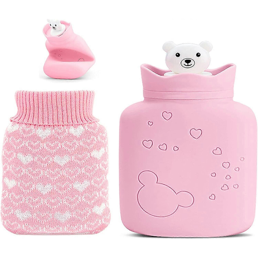(As show, One size) Mini Hot Water Bottle with Cover, Sturdy Hot Water Bottle Thick and Luxurious Cover Removable and Washable Fast Pain Relief and Comfort(Pink)