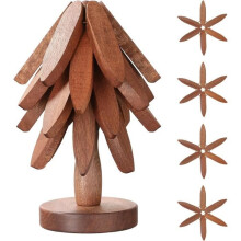 Dessous de plat en bois pour plats chauds, 4 dessous de plat en bois + 1 support rangés comme un sapin de Noël, Dessous de plat en bois