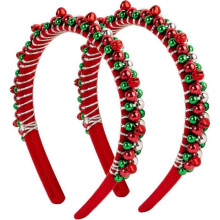Lot de 2 bandeaux de Noël avec clochette, perles rouges, vertes et argentées, accessoires pour cheveux, cadeaux de Noël