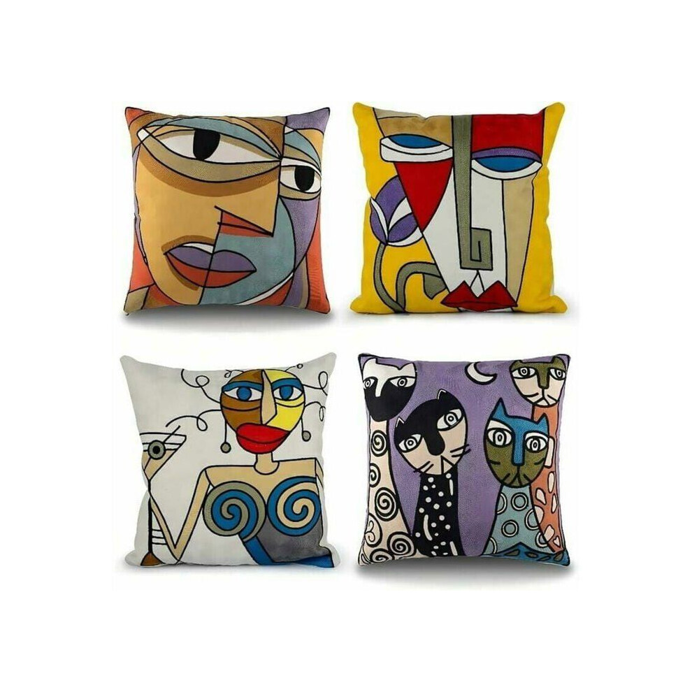 Lot de 4 housses de coussin Picasso 45x45 cm Coton Lin Brodé Décoration Salon Scandinave Motif Visage Abstrait VHV