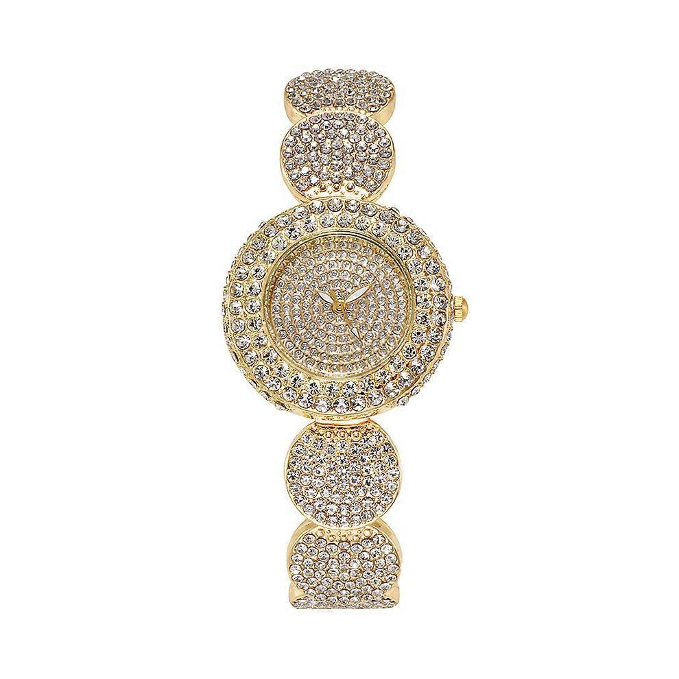 (As show, One size) Ladies Elegant Crystal Set Gypsophila Quartz Watch Fashion Casual Set Steel Band Watch Rhinestone Alloy Watch Ladies Watch Gold