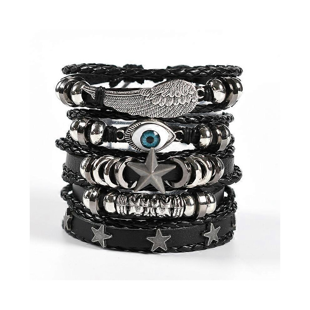 (As show, One size) 5pcs Black Braided Leather Bracelets Mens Womens Punk Eye Bracelets Rock