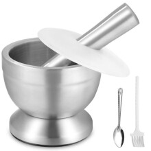Ensemble mortier et pilon en acier inoxydable 304 avec brosse, cuillère et couvercle en silicone, moulin à épices, broyeur à herbes et bol de