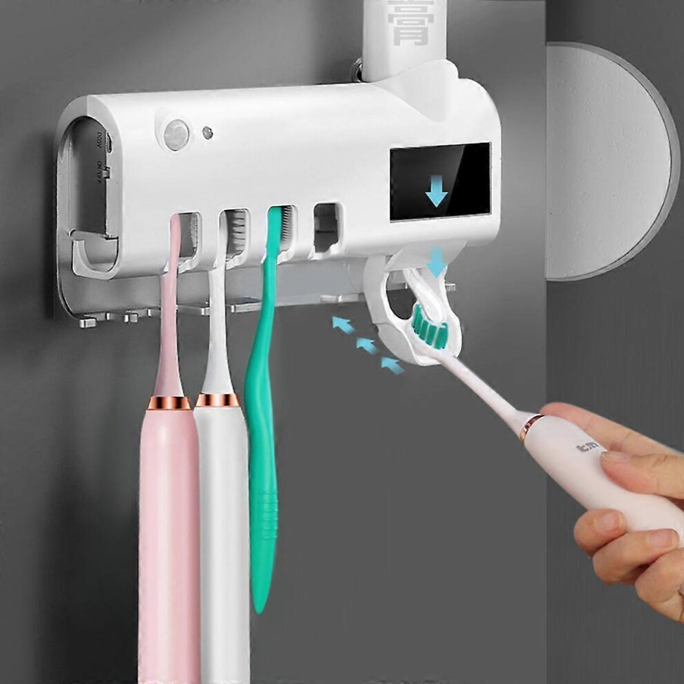 (As Show, One Size) Toothbrush Holder With Ultraviolet Ray Sterilizer Function With Led Main Slot For 4 Toothbrushes + Toothpaste Dispenser(Whi Light