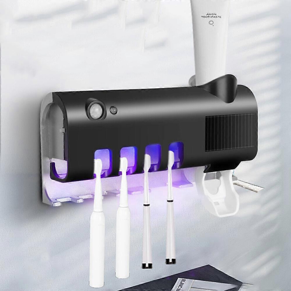 (As show, One size) Toothbrush Holder with LED Light Ultraviolet Sterilizer Function, Main Slot for 4 Toothbrushes + Toothpaste Dispenser(Black, Disin