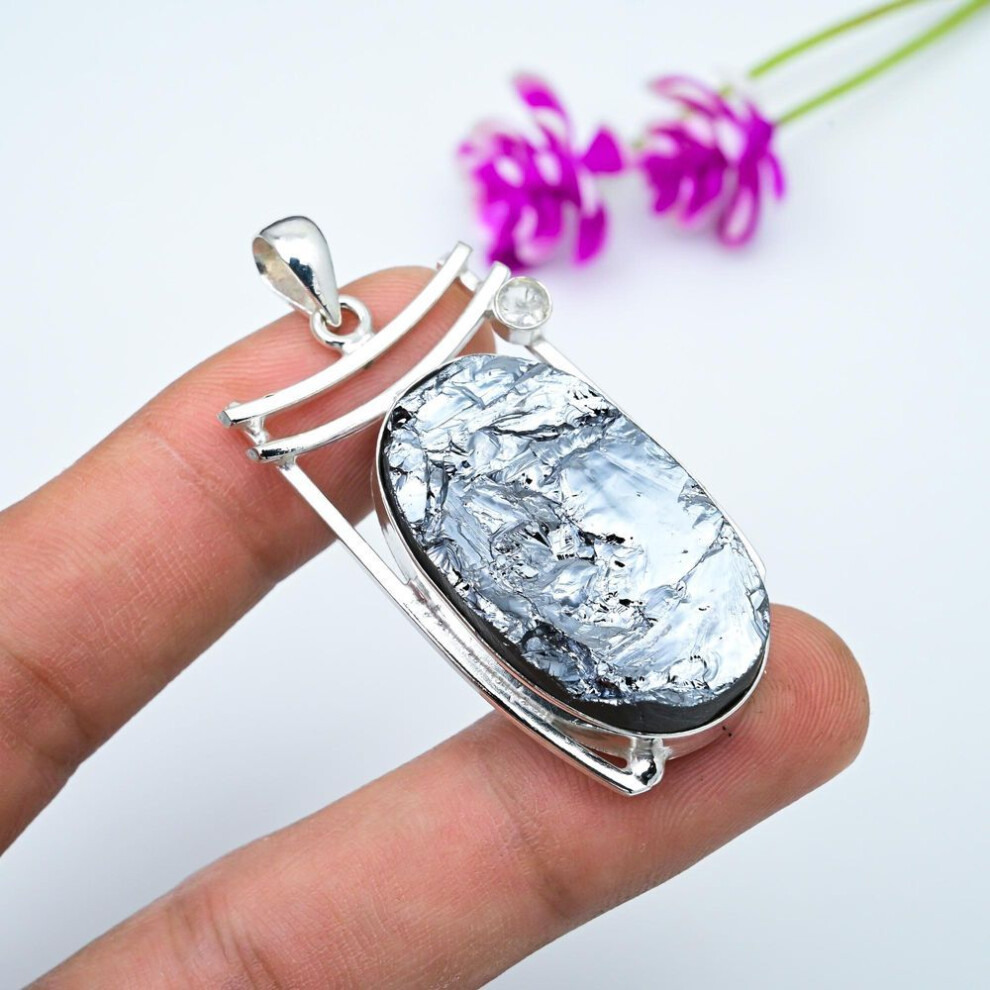 Rough Shungite, White Topaz Pendant, 925 Sterling Silver Pendant Gemstone Jewelry Handmade Amazing Jewelry Pendant, Gift For Her