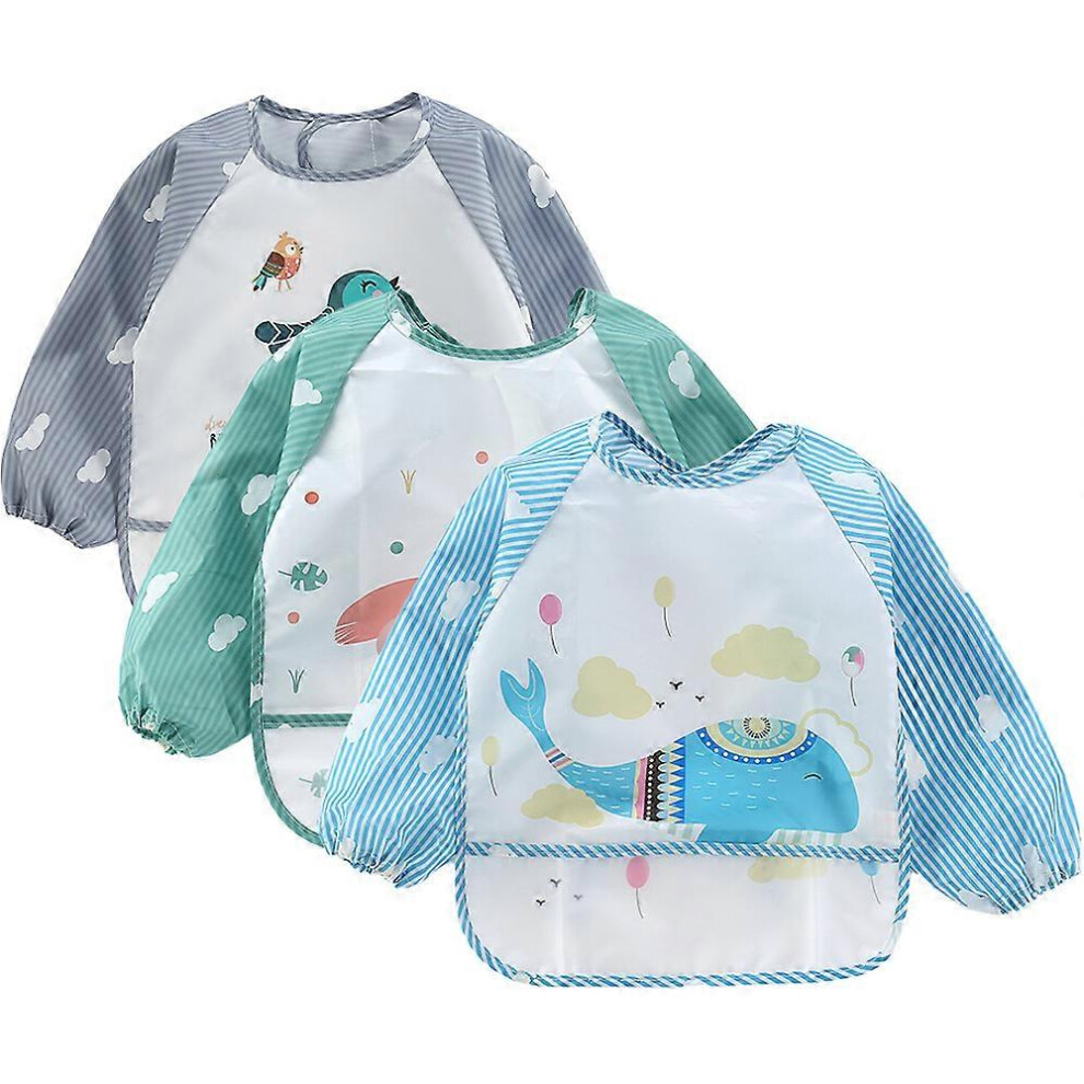 (As Show, One Size) 3-Pack Baby Long Sleeve Waterproof Bib Full Coverage Apron Bib Smock Toddler Bibs With Pocket-Shape1 Kikidex