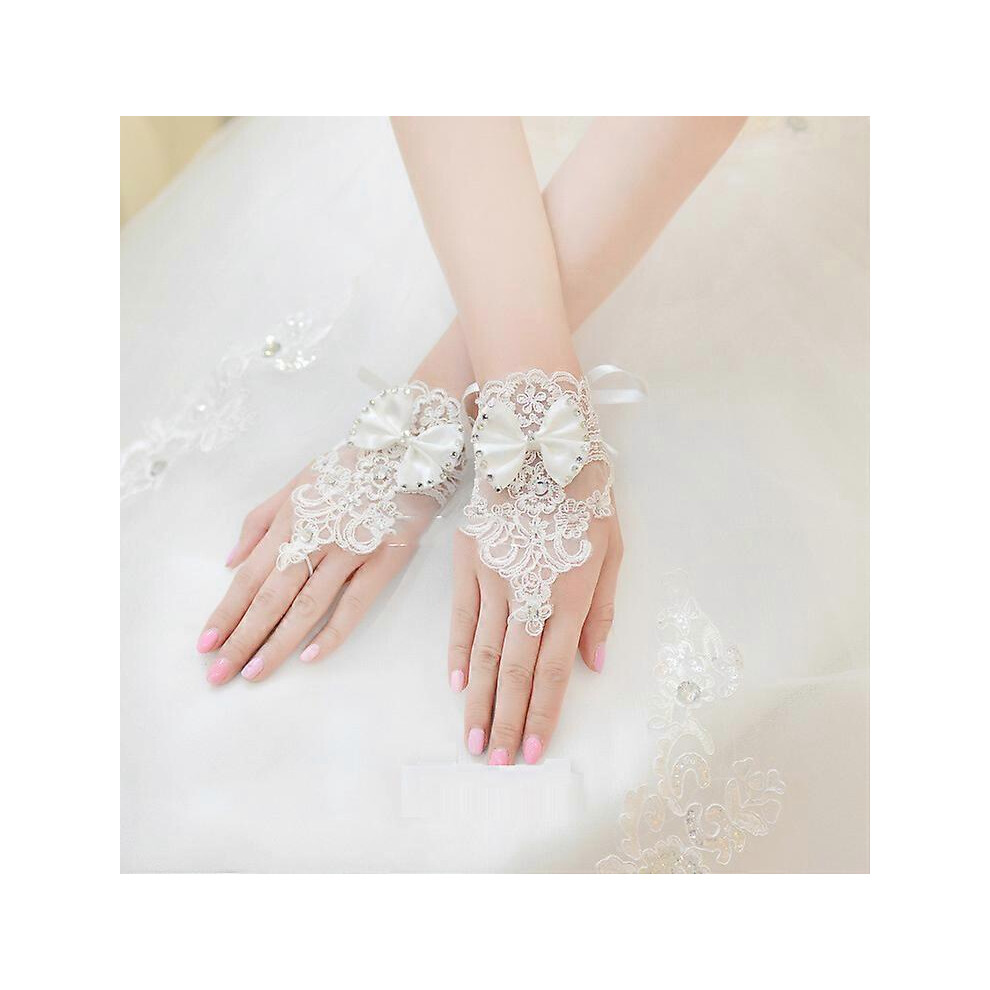 (As show, One size) Women White Pair Bow Floral Bridal Lace Gloves- Evening Dress Gloves For Wedding PartyWedding dress hook finger gauze gloves performance label white g