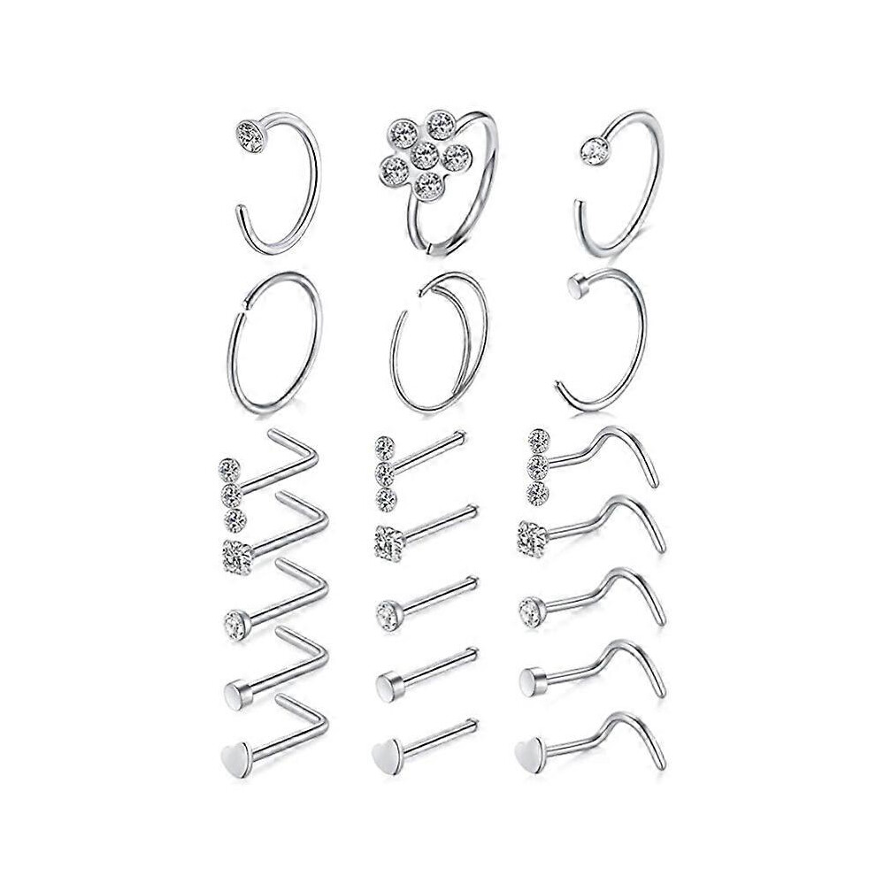 (As show, One size) 20g Stainless Steel Nose Rings Hoop L Shape Nose Studs Nose Screw Bone Silver for Women Men, Nose Stud Set Piercing Nose Ring C Shape U Shape Combinat