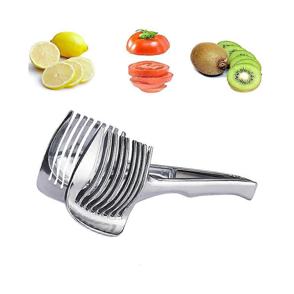 (As show, One size) Kitchen Gadgets Handy Aluminum alloy Onion Holder Potato Tomato Slicer Vegetable Fruit Cutter Safety Cooking Tools Accessories, Sl