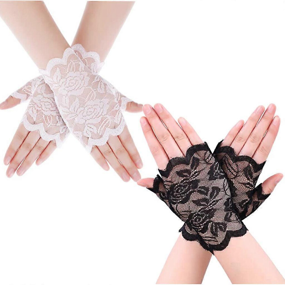(As show, One size) 2 Pairs Lace Gloves, Floral Pattern Lace Fingerless Gloves for Women, Bridal Half Finger Gloves UV Protection Fingerless Gloves An