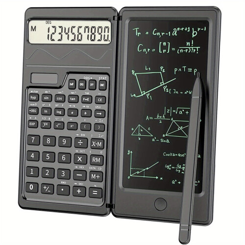 (Black) 10-Digit Scientific Calculator - High-Resolution LCD Display, Compact Foldable Design, Handwriting Board, Solar and Battery Dual Power